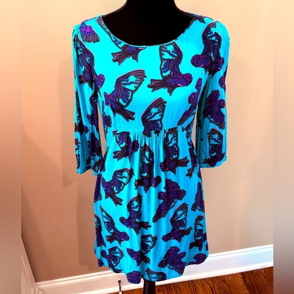 Women’s BODEN Owl Dress Oval Neck 3/4 Sleeve Aqua Navy Blue Tunic Dress. Size 6